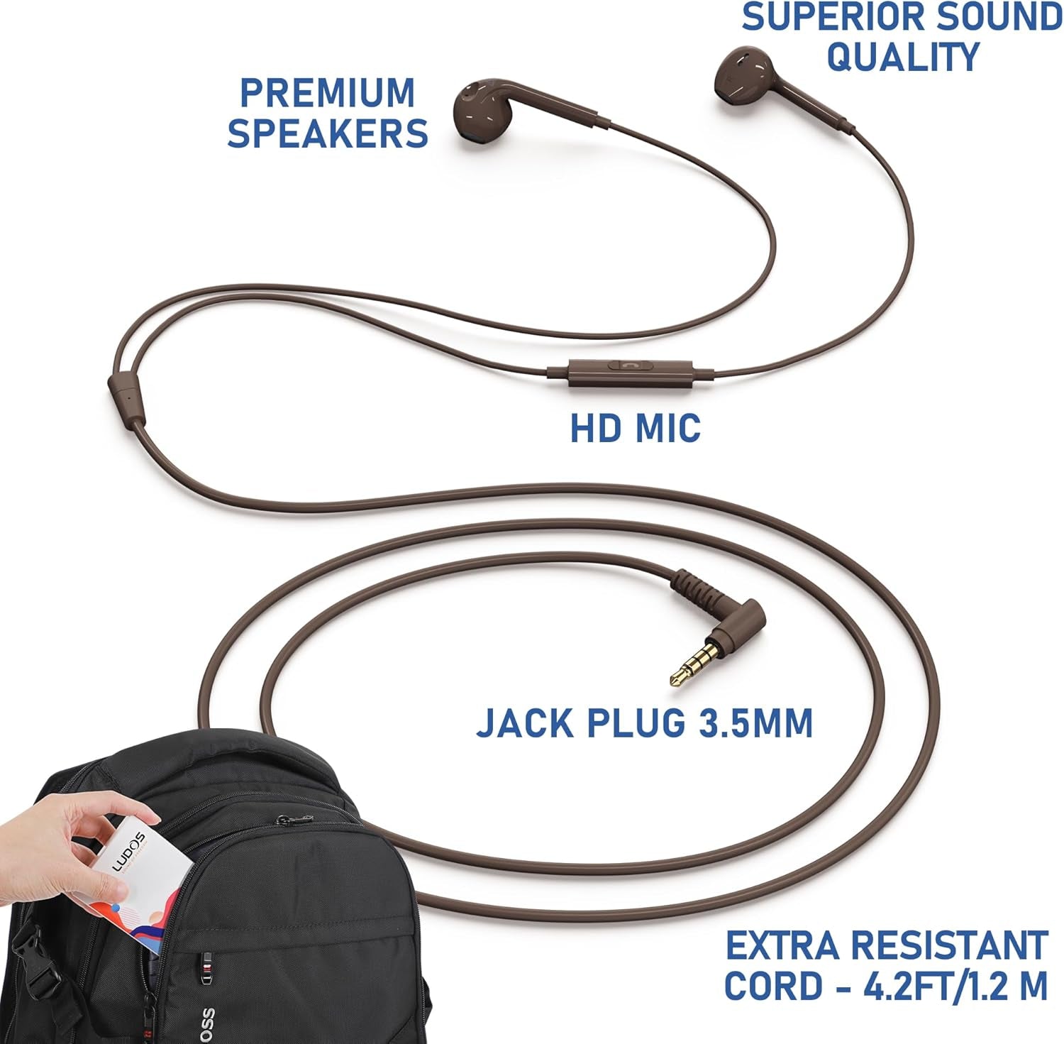 Zenith Wired Earbuds In-Ear Headphones, 2 Years Warranty, Earphones with Microphone, Corded for 3.5Mm Jack Ear Buds for Iphone, Samsung, Computer, Laptop, Kids, School Students, Woman - Brown