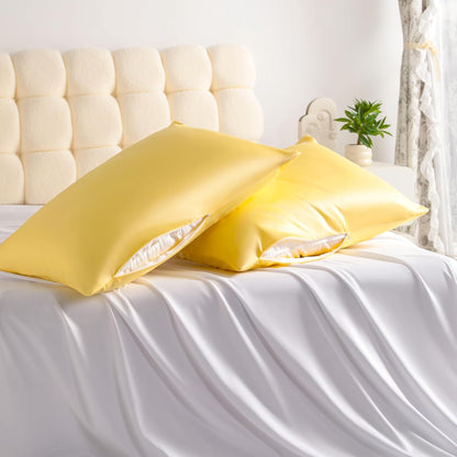 Zippered Satin Pillow Cases for Hair and Skin, Luxury Standard Hidden Zipper Pillowcases Set of 4, 20X26 Inches, Yellow