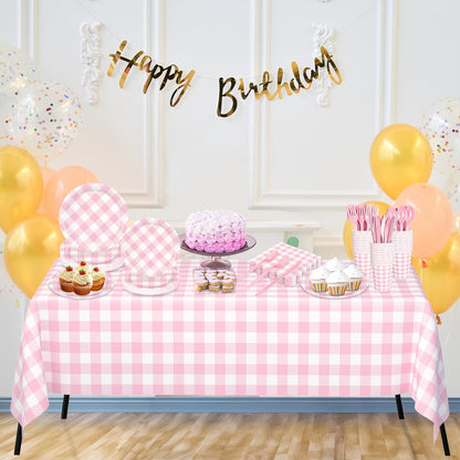 176 PCS Light Pink Gingham round Plates and Napkins, Pink Checkered Disposable Plates Set with Napkins Cups Plastic Spoons Forks Knives for Dinner Birthday Baby Shower Wedding Supplies Serve 25 Guests