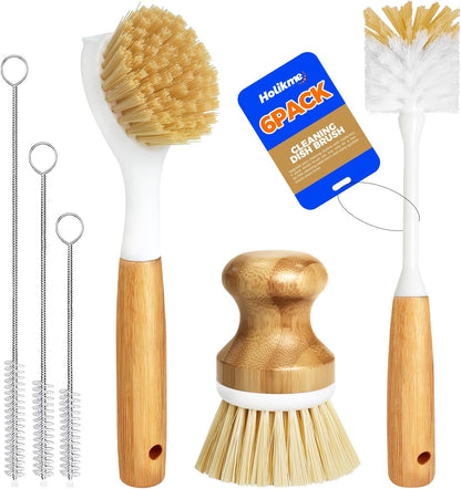 6 Pack Kitchen Brush Set & 6 Pack Bamboo Dish Brush Set