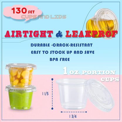 [130 Sets - 1 Oz ] Jello Shot Cups, Small Plastic Containers Lids, Airtight and Stackable Portion Cups, Salad Dressing Container, Dipping Sauce Cups, Condiment Cups Lunch, Party to Go, Trips