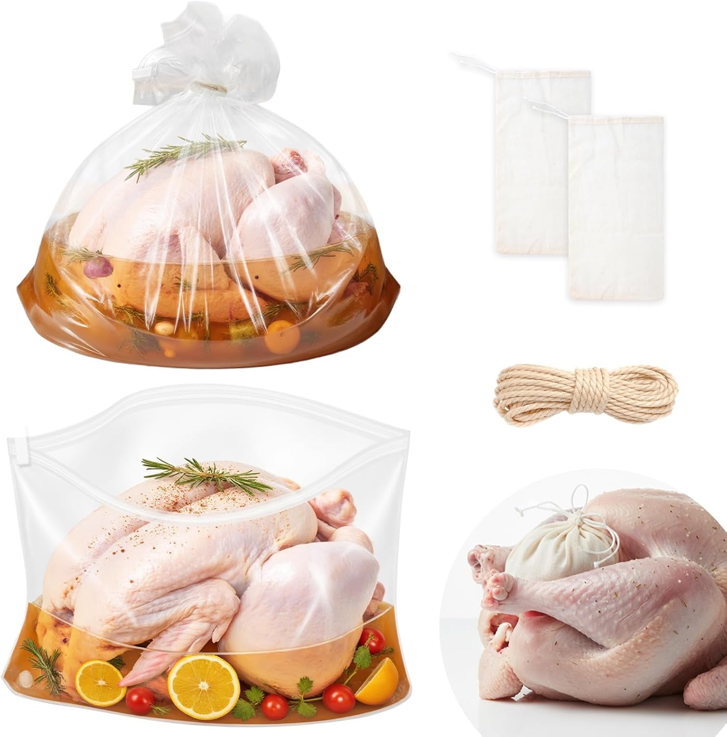 Turkey Brine Bags, Set of 2 Extra Large Brine Bag Holds up 25Lb, 19"×23" Double Zipper Seal Thickened Turkey Bags, with Cotton Rope and Spice Yarn Cloth Bag