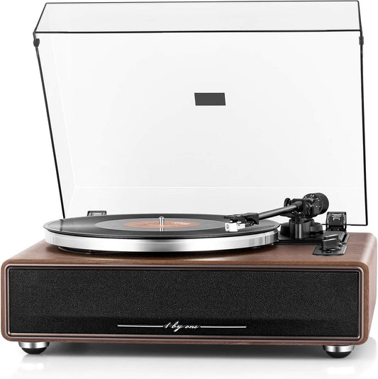 High Fidelity Belt Drive Turntable with Built-In Speakers, Vinyl Record Player with Magnetic Cartridge, Bluetooth Playback and Aux-In Functionality, Auto Off