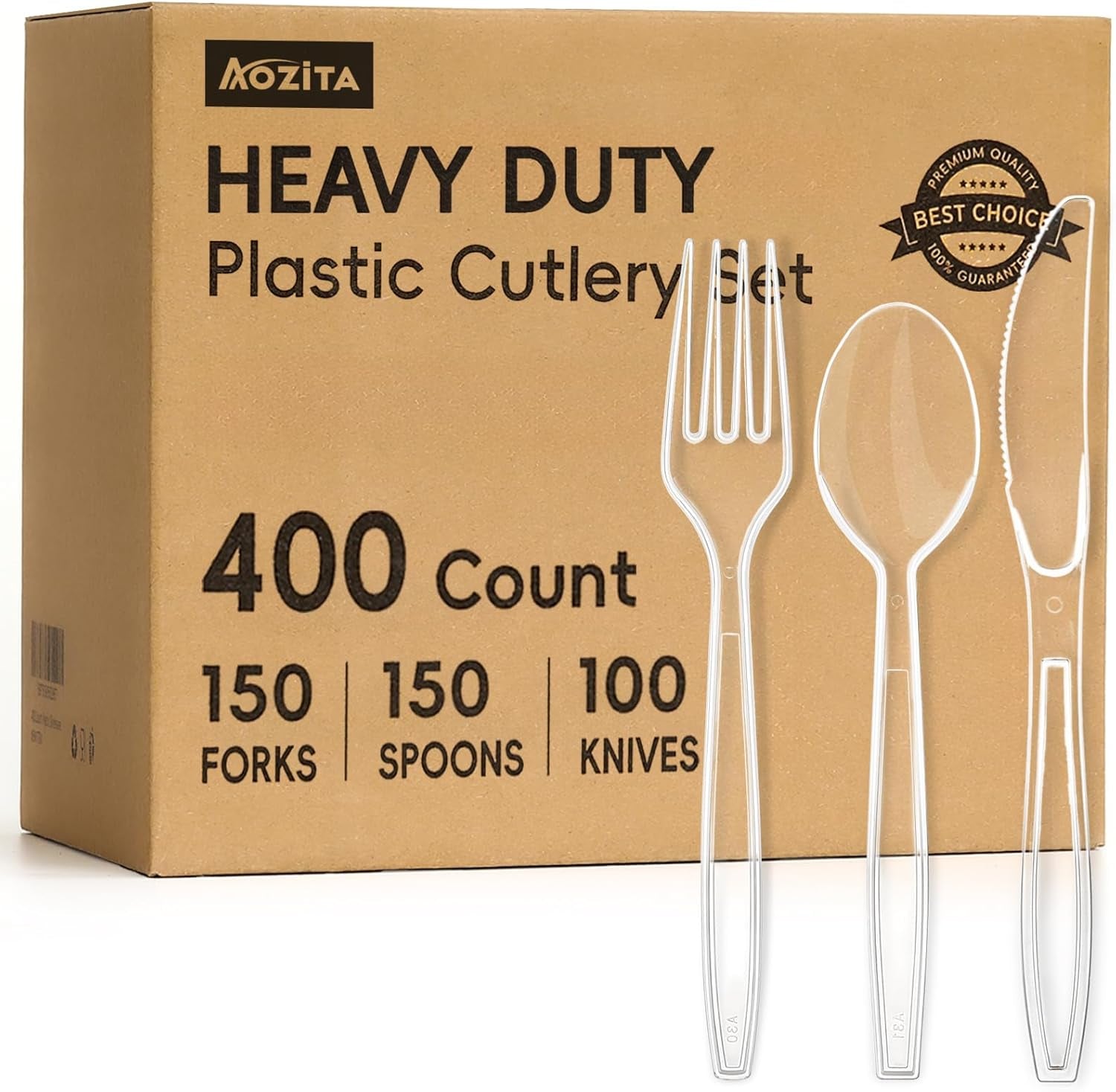 400 Count Heavy Duty Plastic Silverware, Bpa-Free, Clear Plastic Cutlery Set, Premium Disposable Utensils for Party Everyday Use, 150 Forks, 150 Spoons and 100 Knives