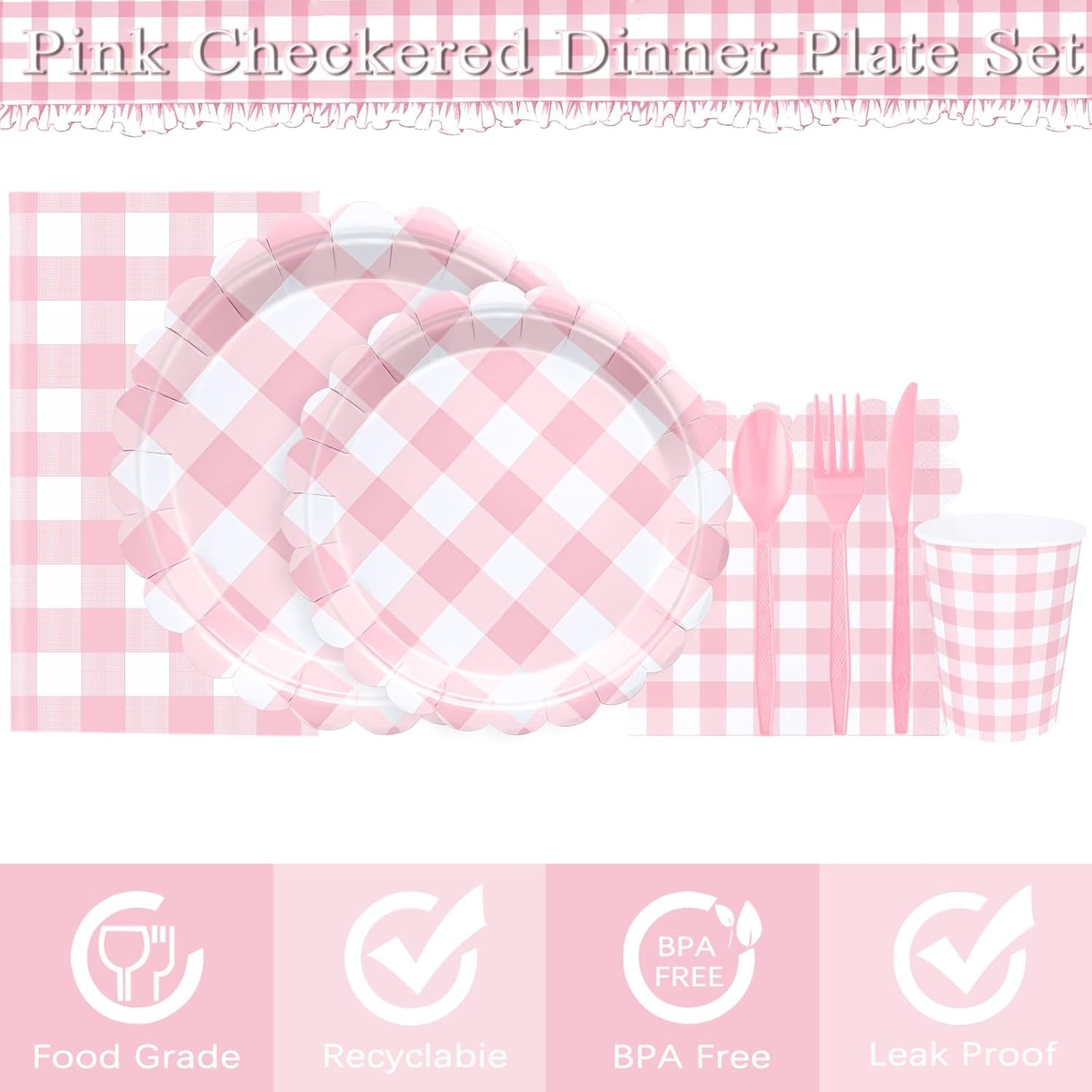 176 PCS Pink and White Gingham Plates and Napkins, Light Pink Checkered Disposable Plates Set with Napkins Cups Plastic Spoons Forks Knives for Birthday Baby Shower Wedding Supplies Serve 25 Guests