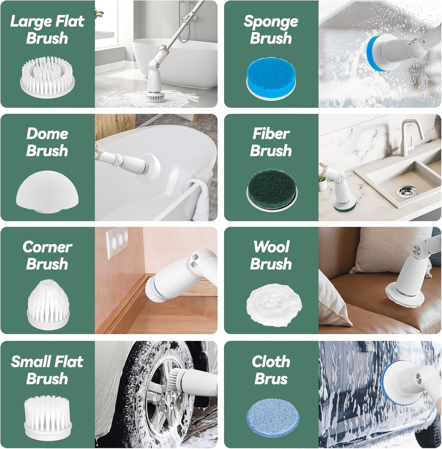 Electric Spin Scrubber, Cordless Cleaning Brush with 8 Replaceable Brush Heads and Detachable & Adjustable Extension Handle, Dual Speed Shower Scrubber for Cleaning Shower, Tile, Wall, Floor