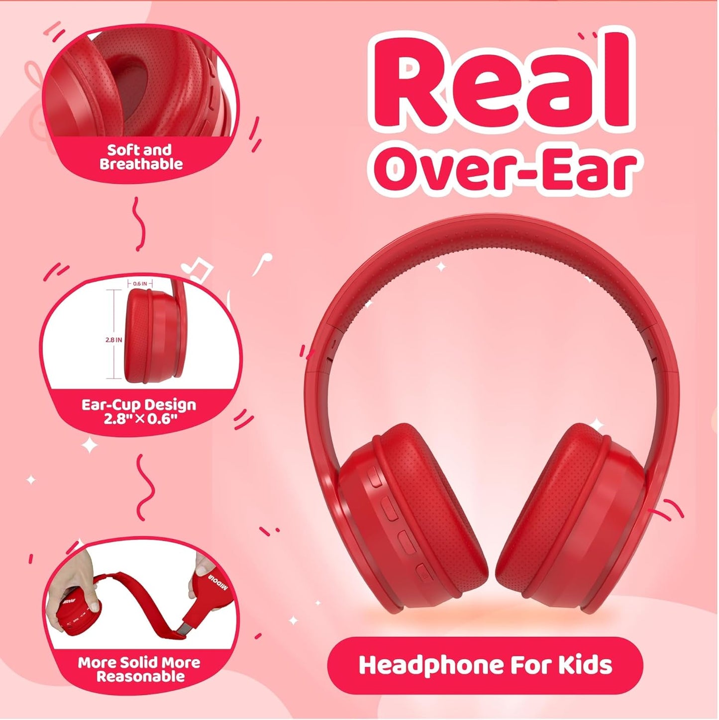 Kids Headphones Bluetooth 5.3 Wireless 60H Play Time Volume Limit 85/110Db over Ear Foldable Protection Headset/Wired AUX Cord Mic for Children Boy Girl Travel School Phone Pad Tablet Red