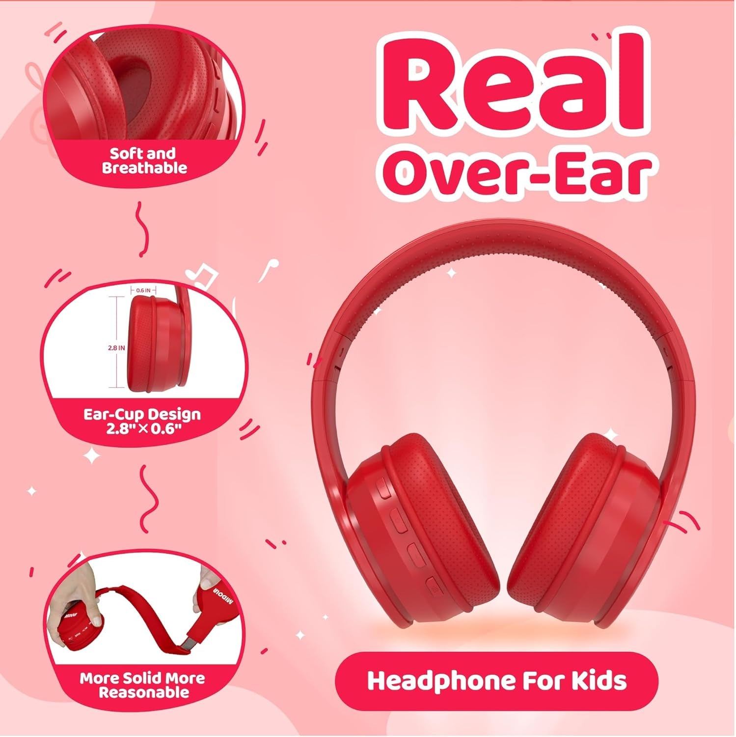 Kids Headphones Bluetooth 5.3 Wireless 60H Play Time Volume Limit 85/110Db over Ear Foldable Protection Headset/Wired AUX Cord Mic for Children Boy Girl Travel School Phone Pad Tablet Red