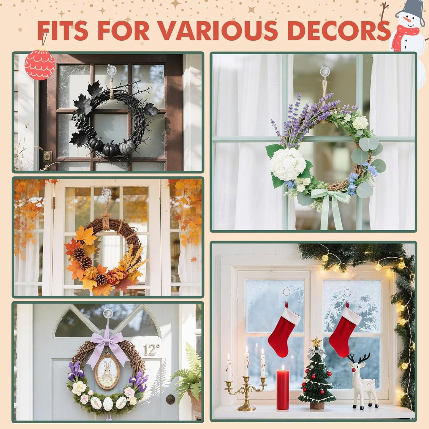 Wreath Hanger, Large Twist Lock Suction Cup Wreath Hooks, Heavy Duty, 22 LB Capacity, Removable and Reusable, Round, Clear, 2 Pcs