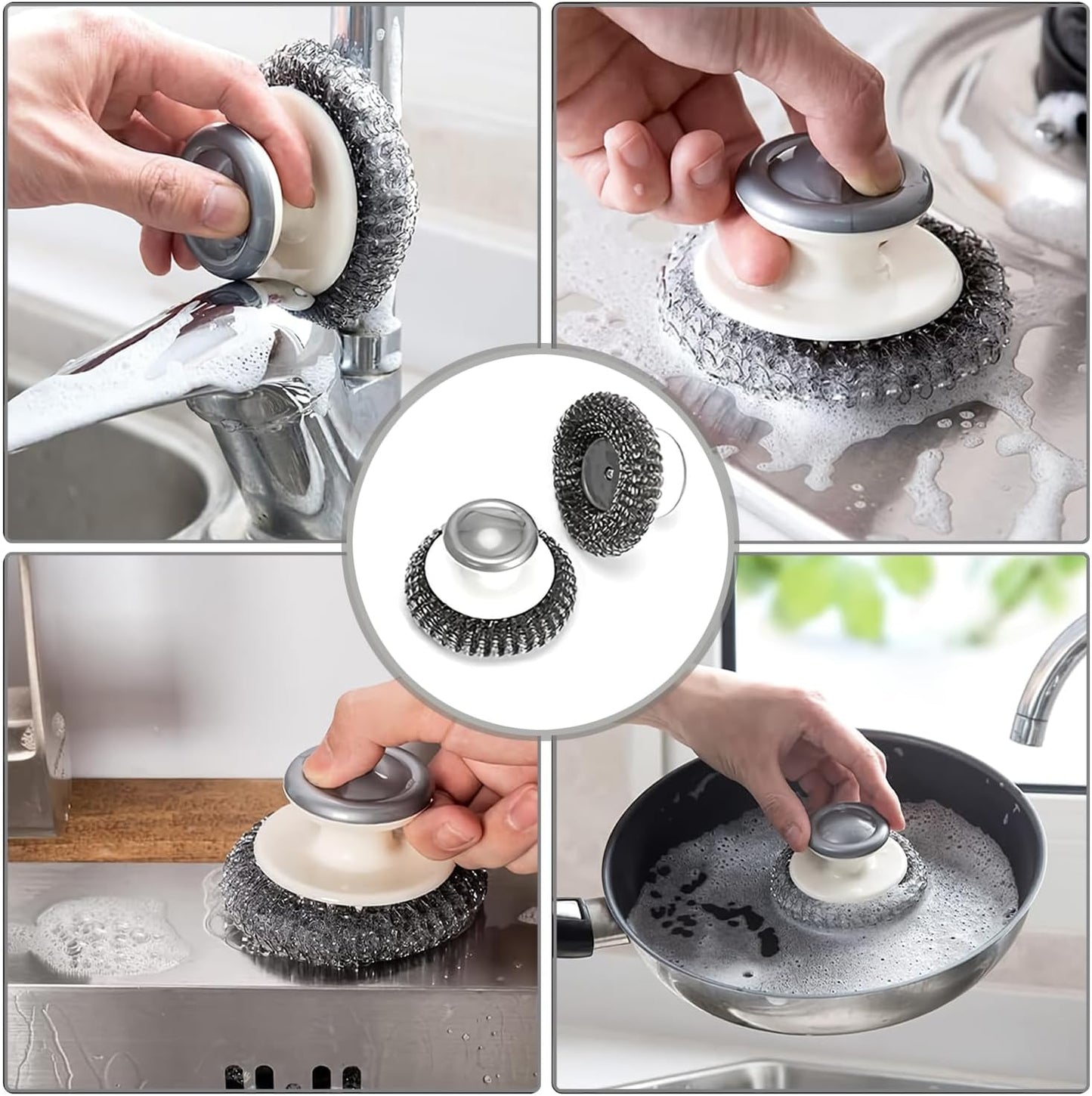 2Pcs Stainless Steel Scrubber with Handle, Steel Wool Scrubber Tool for Cleaning Dishes, Scrubbing Scouring Brush Pad for Kitchen Pots, Pans, Sink