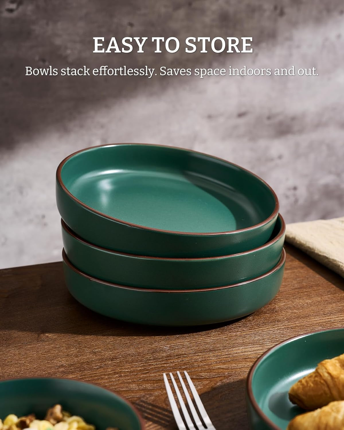 Mercury Pasta Bowls Set of 4, 33 Oz Large Salad Bowls, Stoneware Pasta Plates Bowls, Serving Bowls for Kitchen, Microwave & Dishwasher Safe, Dark Green