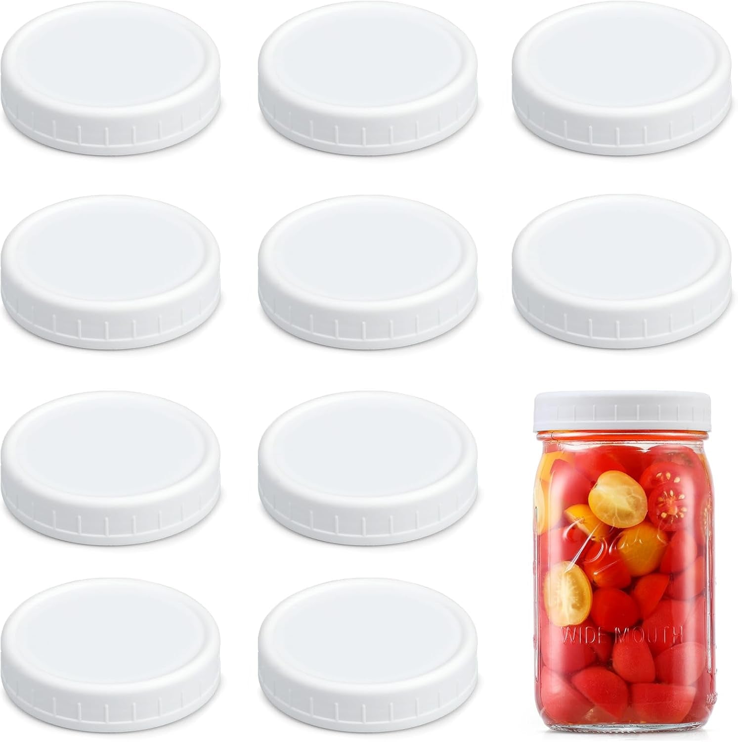 [10 Pack] WIDE Mouth Mason Jar Lids for Ball, Kerr and More - White Plastic Storage Caps for Mason/Canning Jars - Leak-Proof, Dishwasher Safe & Food Grade