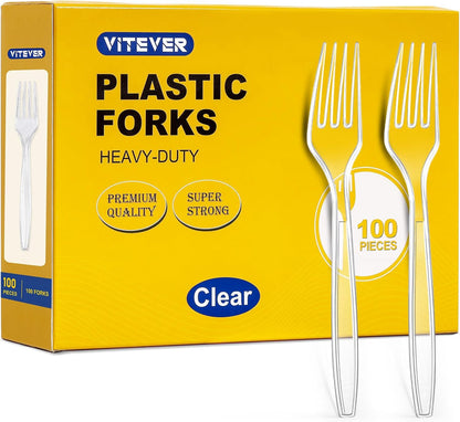 [100 Count] Clear Plastic Forks Heavy Duty, Premium Disposable Forks, Durable Plastic Cutlery for Parties, Picnics, Big Event, Daily Use - Heat Resistant & BPA Free