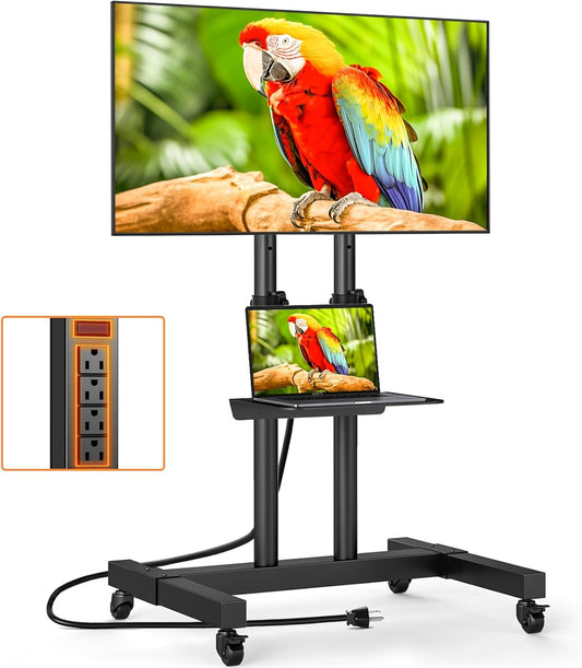 Heavy Duty Rolling TV Stand with Power Outlet for 32-83 Inch Tvs, Height Adjustable Mobile TV Cart on Wheels Holds up to 110 Lbs, Outdoor TV Stand Trolley, Max VESA 600X400Mm
