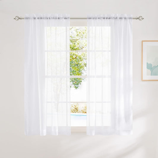 White Sheer Curtains 63 Inches Long for Bedroom, Rod Pocket Lightweight Drapes Home Decor Voile Sheer Air & Breathable Window Treatments for Kids Room, W42 X L63, 2 Panels