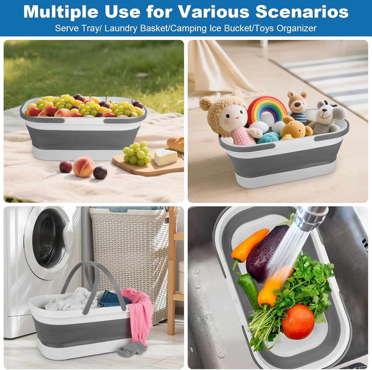 12L Collapsible Mop Bucket with Wheels, Folding Car Wash Bucket for Cleaning Supplies Mopping, Plastic Buckets with Handle Laundry Wash Basin Tub Water Pail for Fishing Camping RV Dorm Room Essentials