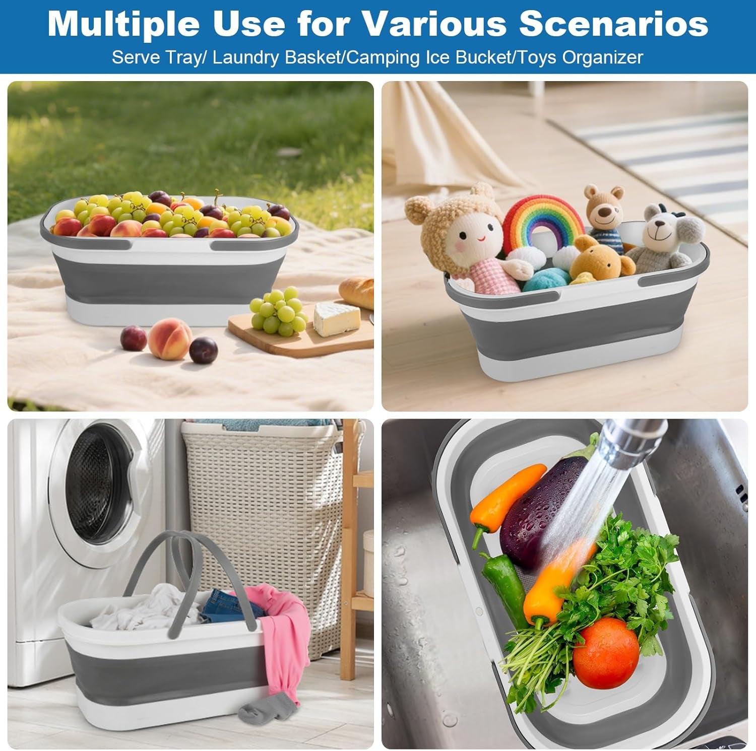 12L Collapsible Mop Bucket with Wheels, Folding Car Wash Bucket for Cleaning Supplies Mopping, Plastic Buckets with Handle Laundry Wash Basin Tub Water Pail for Fishing Camping RV Dorm Room Essentials