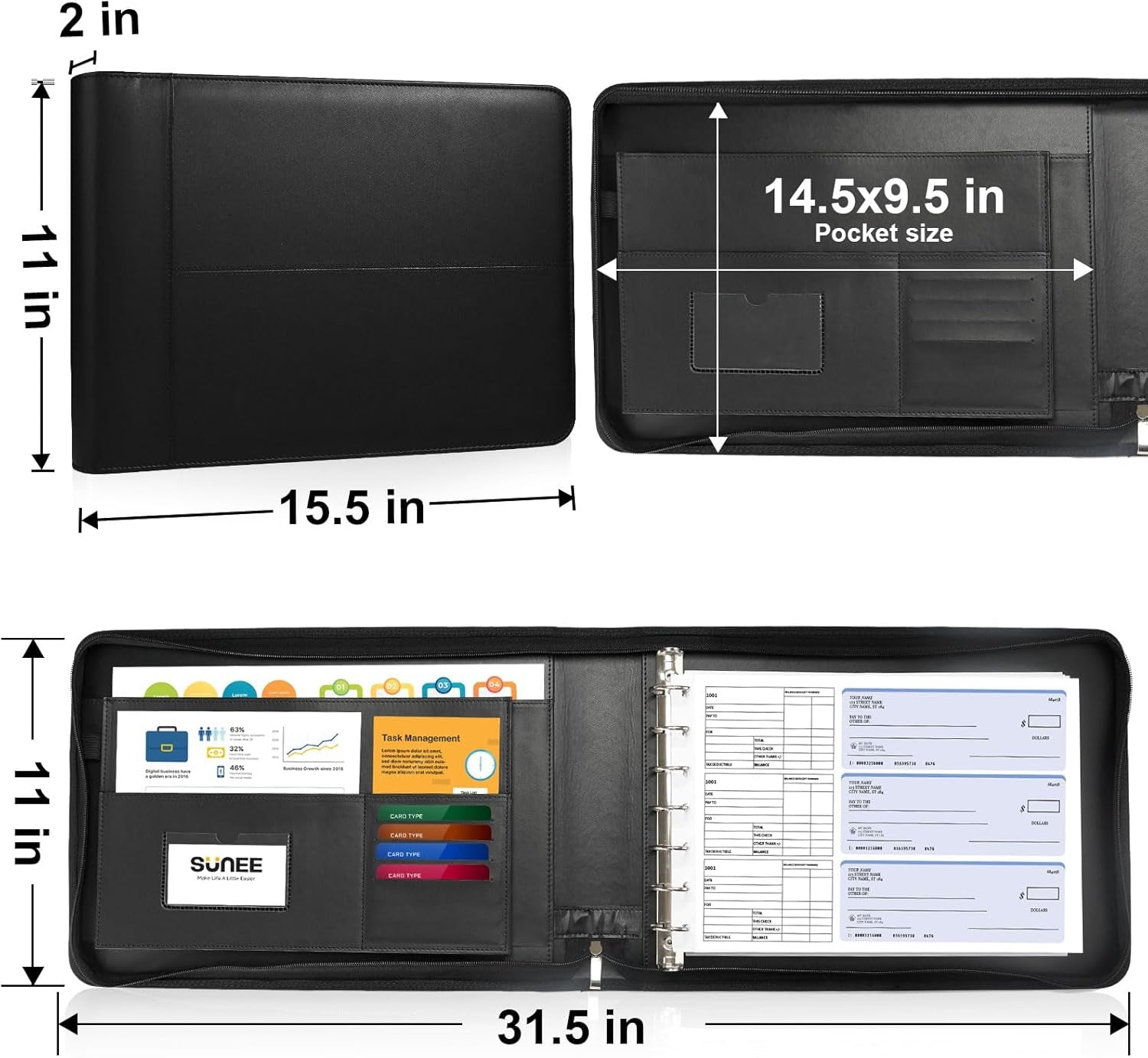 Zippered Business Checkbook Binder 7 Ring 1 Inch with Zipper for Business Checks (9" X 13"), PU Leather 7 Ring Check Binder for Business Checks Holds 600 Checks Capacity for Executive Supplies