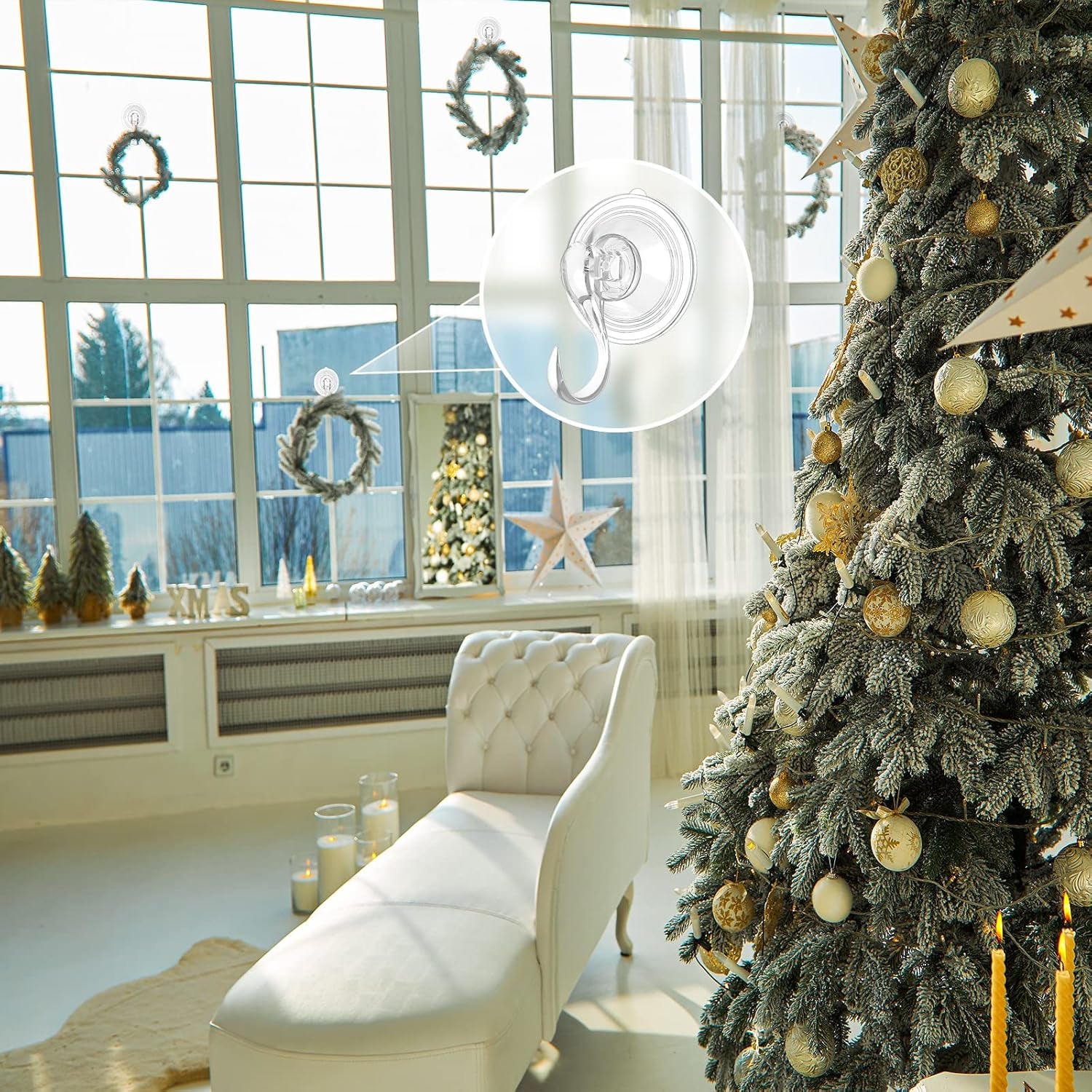 Wreath Hanger, Large Suction Cup Wreath Hooks with Wipes, Heavy Duty, 22 LB Capacity, Removable and Reusable, Clear, 2 Pcs