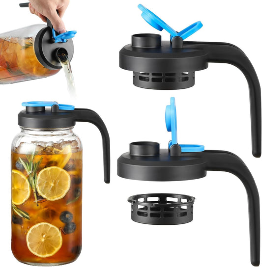 [UPGRADED LID] Wide Mouth Mason Jar Pour Spout Lids with Filter (Removable) - 2 Pack Flip Cap Pitcher Lids with Handle for Ball, Kerr & Other Jars - Leak Proof Seal Cover, Dishwasher Safe, Food Grade