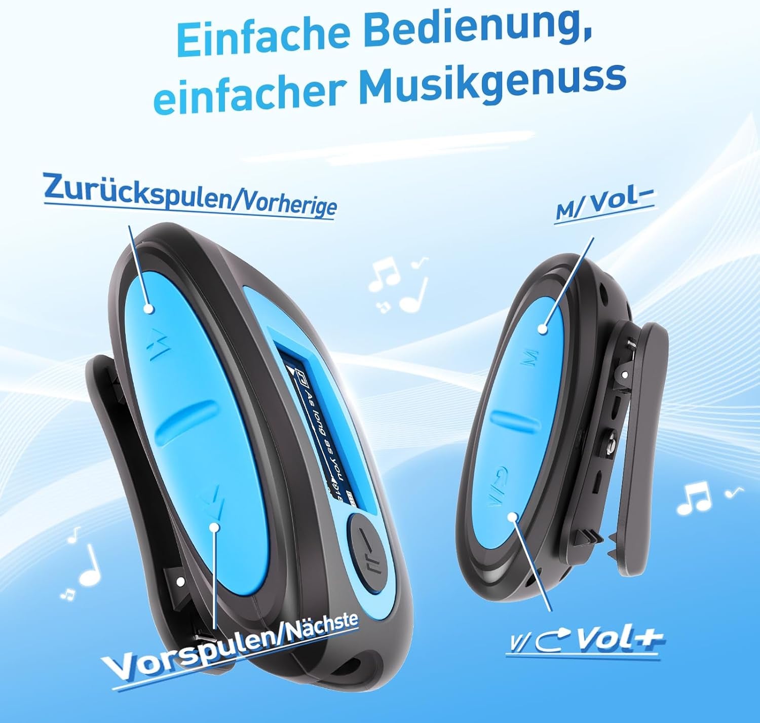 IPX8 Waterproof Mp3 Player with Screen, Multi-Functional Clip Music Player with Waterproof Headphones for Surfing Swimming Water Sports