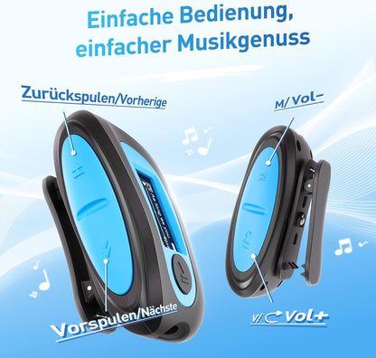 IPX8 Waterproof Mp3 Player with Screen, Multi-Functional Clip Music Player with Waterproof Headphones for Surfing Swimming Water Sports