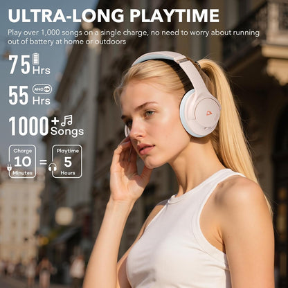Y8+ Noise Cancelling Headphones Bluetooth, Wireless LDAC Hi-Res Audio, Custom EQ via App, 75H Playtime, Comfort Fit, over Ear Headphones Foldable for Airplane Travel Home Office Beige Cyan