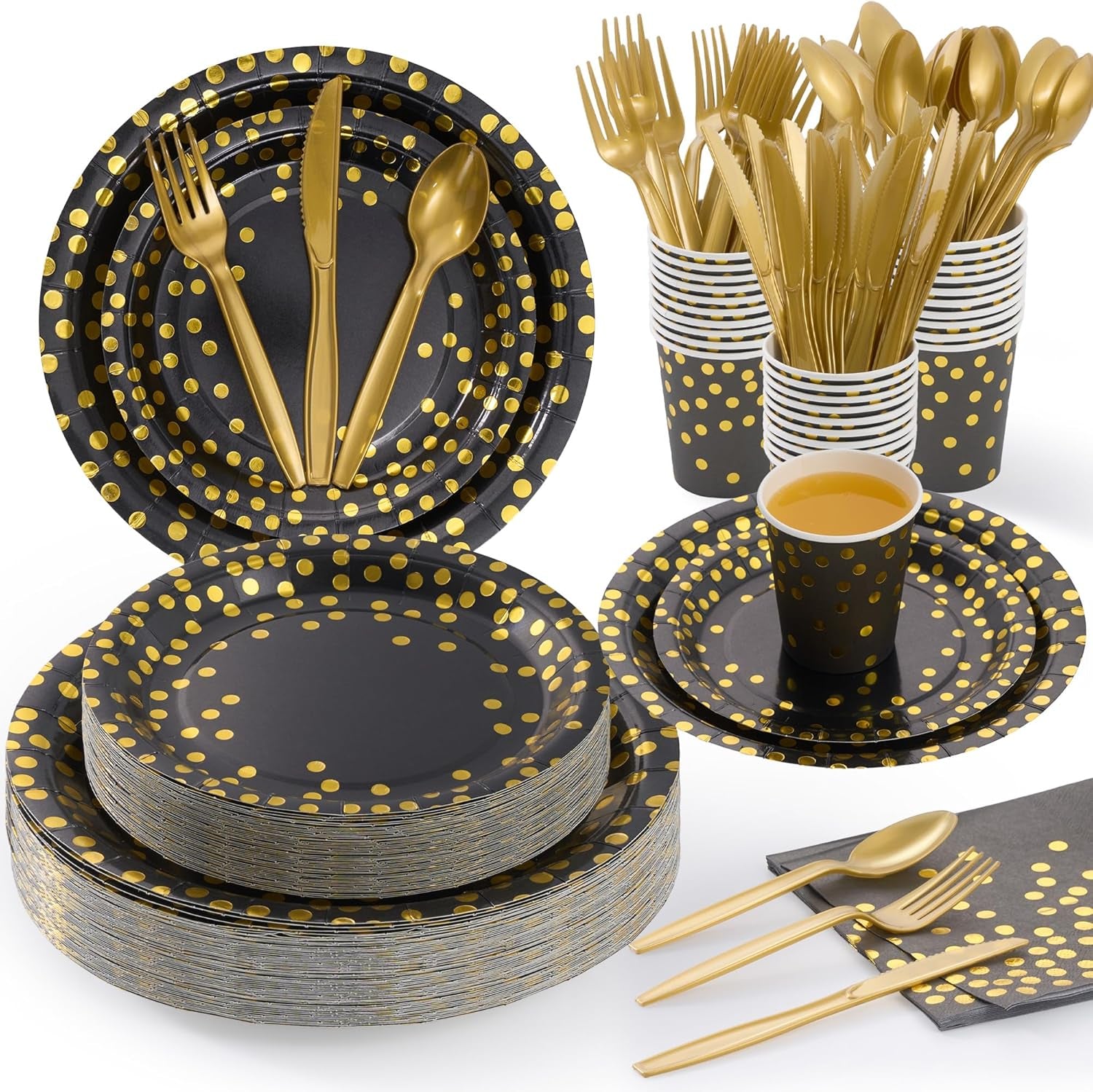 Black and Gold Dot Paper Plates Set, 175 PCS Party Supplies, Disposable Dinnerware Set for 25 Guests, Gold Dot Paper Plates Napkins Cups Gold Plastic Forks Knives Spoons for Wedding Festival