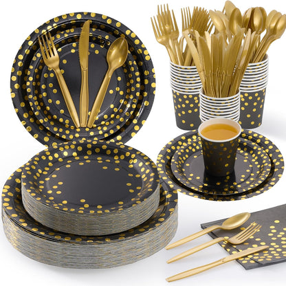 Black and Gold Dot Paper Plates Set, 175 PCS Party Supplies, Disposable Dinnerware Set for 25 Guests, Gold Dot Paper Plates Napkins Cups Gold Plastic Forks Knives Spoons for Wedding Festival