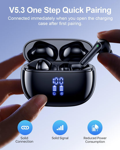 Wireless Earbuds, Bluetooth Ear Buds Headphones, 40H Long Playtime, Stereo Deep Bass, LED Power Display, IPX7, Lightweight in Ear Earphone with Mic for Iphone Android Phone