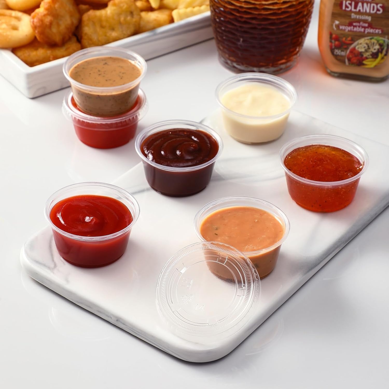 400 Set 2 Oz Jello Shot Cups with Lids, Stackable Food Safe Disposable Plastic Portion Condiment Dipping Sauce Cups, Small Containers for Salad Dressing