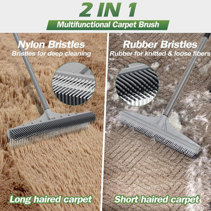 Rubber Broom, 2 in 1 Rubber Broom and Nylon Carpet Brush for Pet Hair Removal, 61" Adjustable Long Handle, Carpet Hair Cleaning Tool for Fur Rug, Stairs and Mats - Washable, Durable