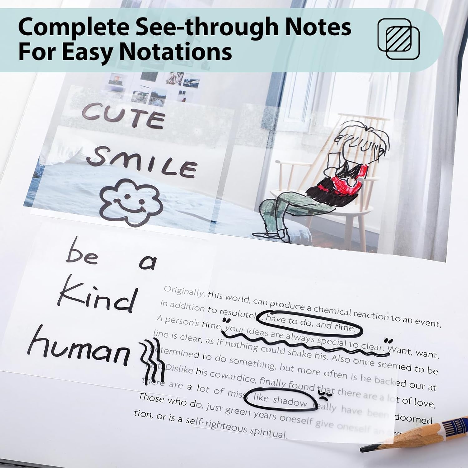 [1300 PCS] Transparent Sticky Notes, 6 Sizes Clear Sticky Notes Pads, Waterproof Self-Adhesive Translucent See through Sticky Notes for Annotating Books,School & Office