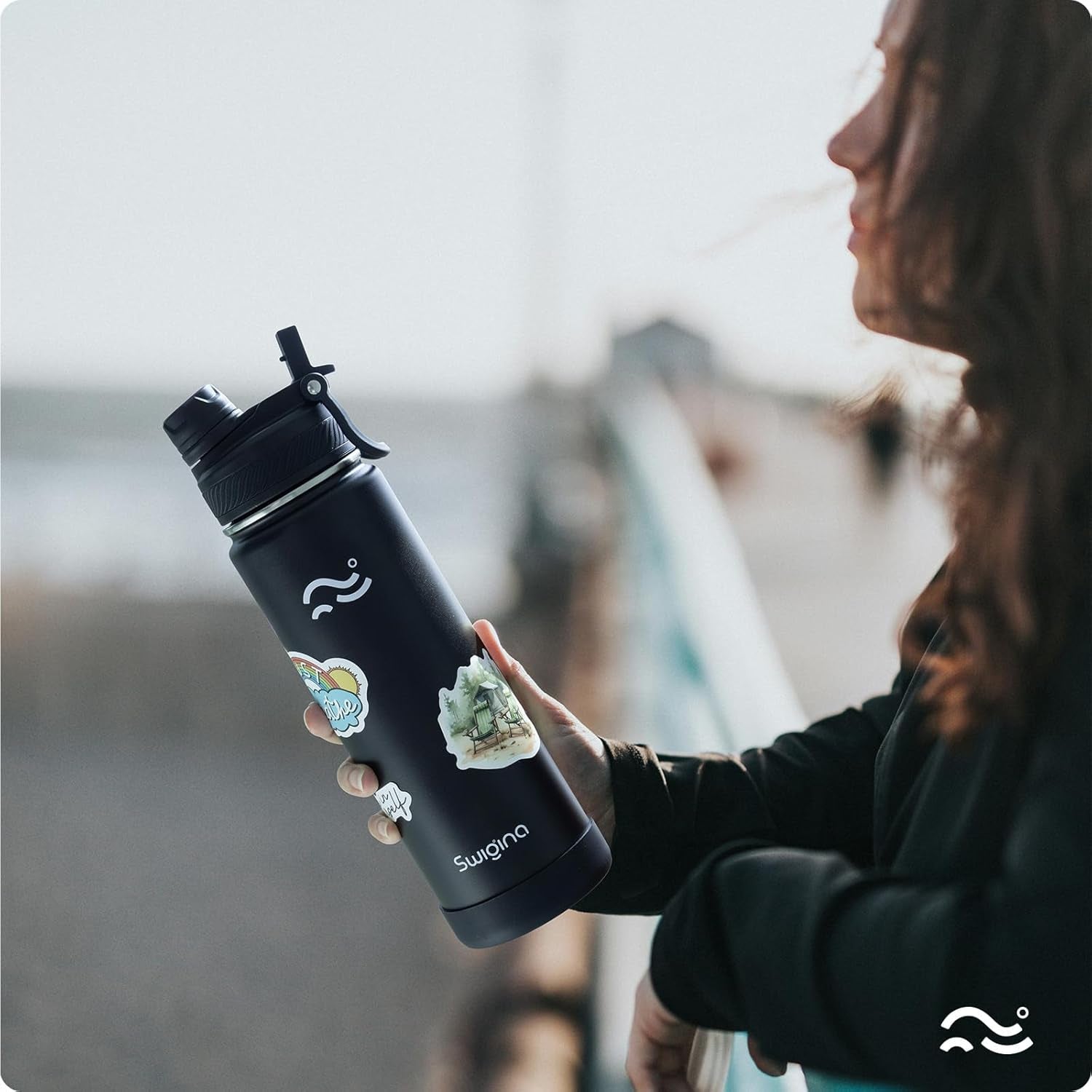 [2-IN-1 LID] Insulated Water Bottle with Silicone Boot (36Hrs Cold/18Hrs Hot) - DIY Stickers, Leakproof, BPA Free, Black, 24 Oz