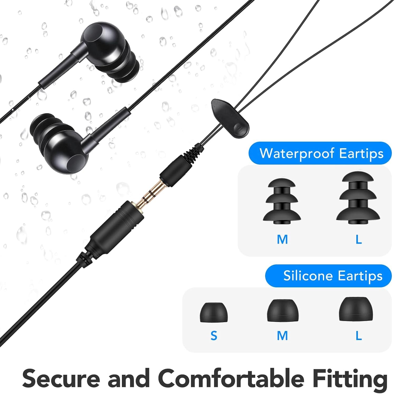 IPX8 Waterproof In-Ear Earphones, Coiled Cable Swimming Earbuds with Stereo Audio Extension Cable, Wired,Black