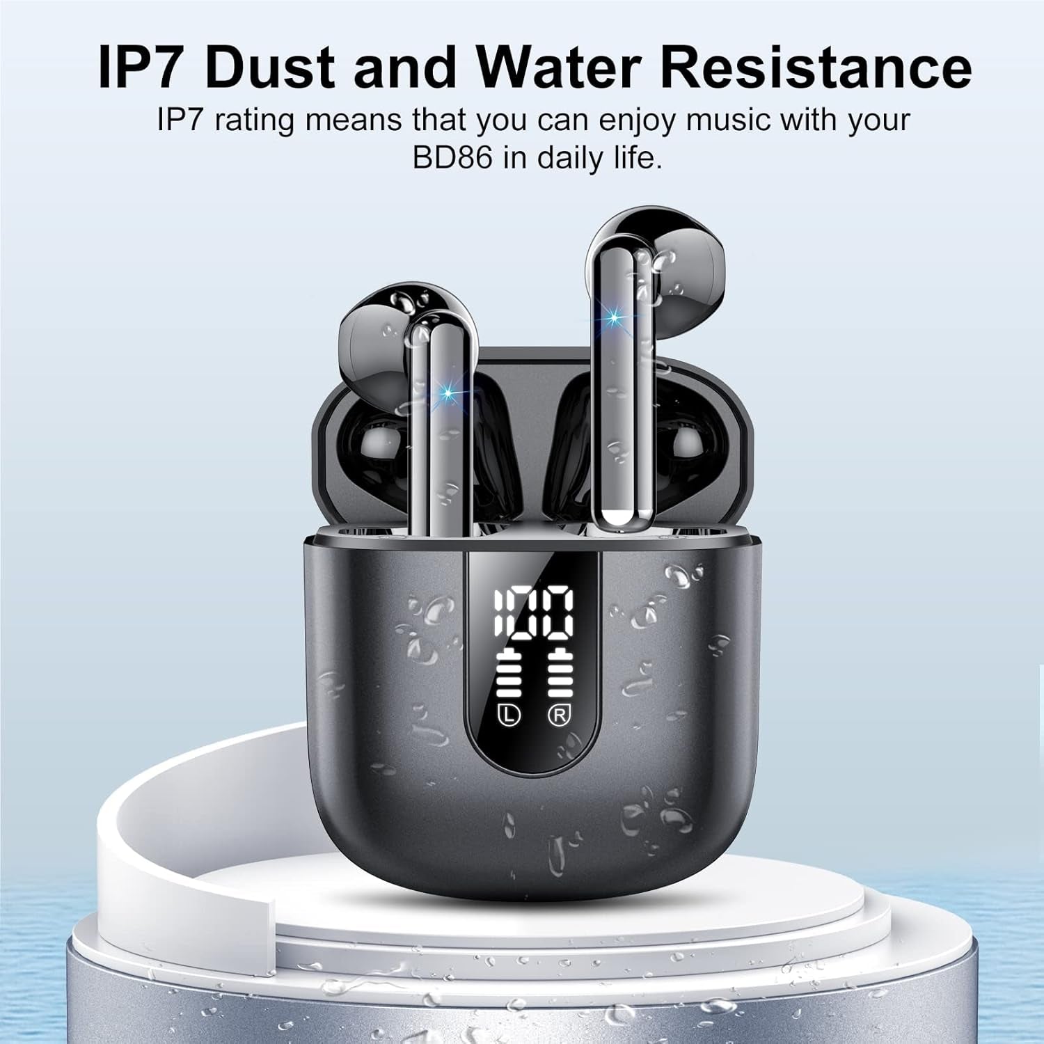 Wireless Earbuds 2024 Bluetooth 5.3 Headphones with HD Mic Hifi Stereo Sound, Wireless Earphones with Dual LED Display Touch Control, IPX7 Waterproof 30H Playtime Mini Ear Buds for Ios Android, Black