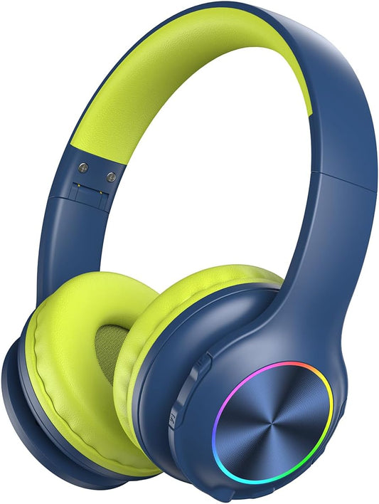 Kids Bluetooth 6.0 Headphones with LED Light, 85Hours Playtimes, Type-C Fast Charging, 85/94Db Volume Limited, Wireless Headphones with Built-In Mic, Wired & TF Card Mode, Blue and Green