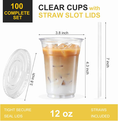 100 Sets - 12Oz Clear Plastic Cups with Lids and Straws, Disposable Cups for Iced Coffee, Smoothie, Milkshake, Cold Drinks