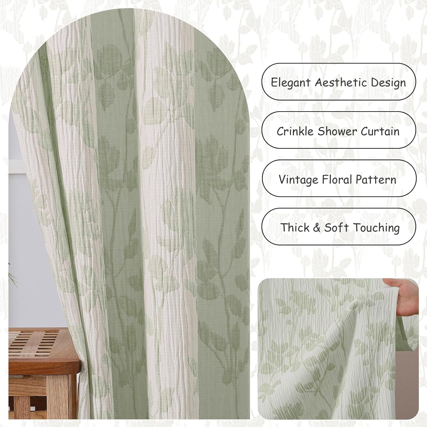 Yellow Green Stall Shower Curtain, Floral Crinkled Soft Fabric Shower Curtain for Bathroom, Modern Farmhouse Textured Cute Boho Bath Decor, Machine Washable, 36Wx72L Inches