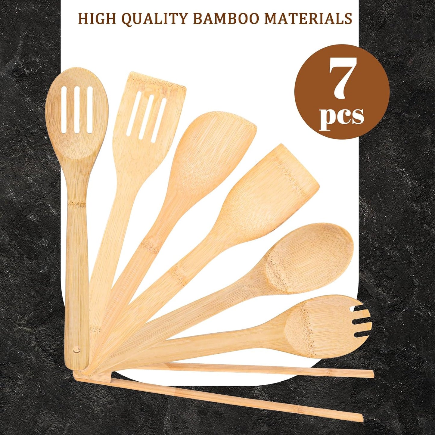 Wooden Utensils Set for Cooking, 7PCS Bamboo Kitchen Utensils Spatulas Spoons Tong for Stirring Serving Mixing Tossing Tasting