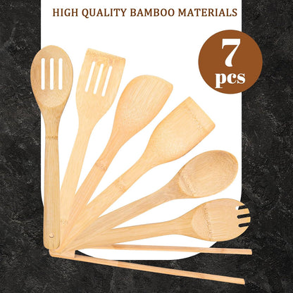 Wooden Utensils Set for Cooking, 7PCS Bamboo Kitchen Utensils Spatulas Spoons Tong for Stirring Serving Mixing Tossing Tasting