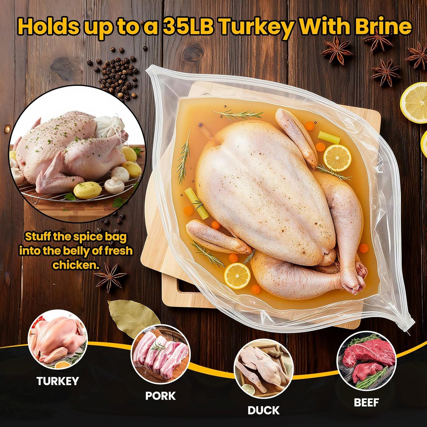 Turkey Brine Bags, Set of 2 Extra Large Brine Bag Holds up 25Lb, 19"×23" Double Zipper Seal Thickened Turkey Bags, with Cotton Rope and Spice Yarn Cloth Bag