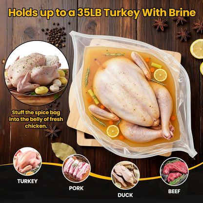 Turkey Brine Bags, Set of 2 Extra Large Brine Bag Holds up 25Lb, 19"×23" Double Zipper Seal Thickened Turkey Bags, with Cotton Rope and Spice Yarn Cloth Bag