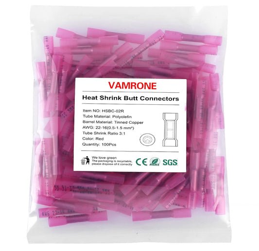 Heat Shrink Butt Wire Connectors, 100Pcs 22-16 AWG Red Insulated Waterproof Electrical Wire Connectors Automotive Marine Grade Wire Crimp Terminals Butt Splices, Ideal for Boat, Truck, Red