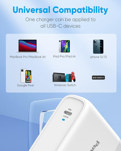 100W USB C Charger  Fast Wall Charger PD 3.0 Gan Type C Charging, Power Adapter with 5A 6Ft Cable, Universal Charger Block for Macbook, Ipad, Iphone 14, Pixel, Chromebook and USB-C Laptops