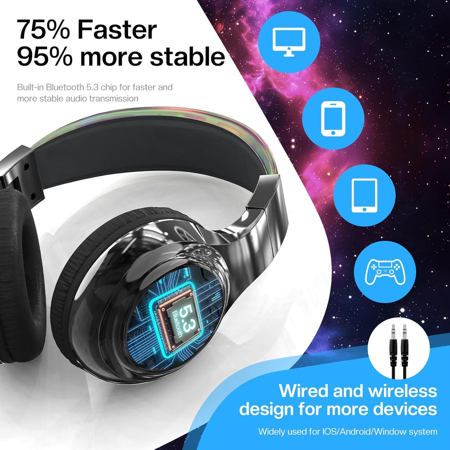 Kids Bluetooth 5.3 Headphones, Wireless Metallic Gradient Headset, Lightweight Foldable on Ear Headphones with Aux Cord, Fast Charging, Built-In Mic, for School/Travel/Tablet/Ipad