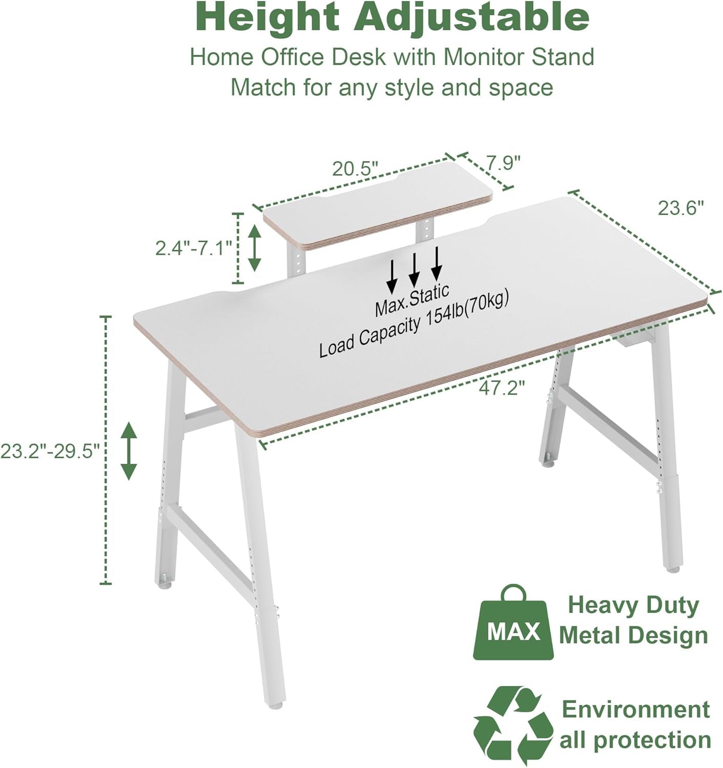 Height Adjustable Computer Desk - 47" Gaming Desk, Small Home Office Desk with Monitor Stand, Modern Simple Table Study Writing Work, Living Room Home Bedroom PC Table, Metal Frame, White
