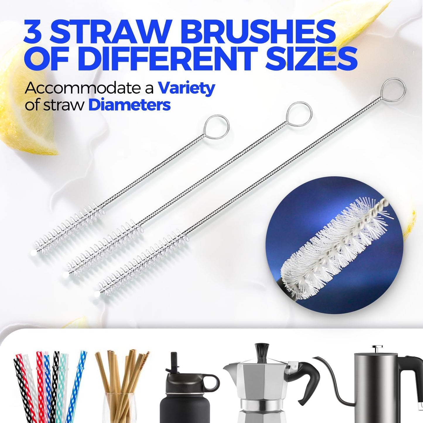 Bottle Brush Cleaner Set, 14" Long Handle Stainless Steel Bottle Cleaner Brush, 3 Straw Cleaner Brush, Bottle Cleaning Brush for Water Bottle, Cups, Abrasive Flat End Brushes, Straws Blue