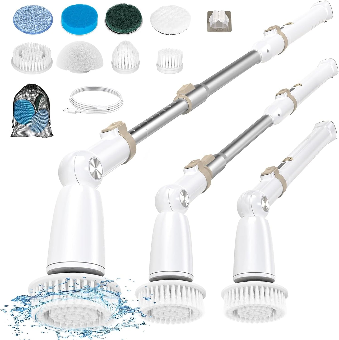 Electric Spin Scrubber, Cordless Cleaning Brush with 8 Replaceable Brush Heads and Detachable & Adjustable Extension Handle, Dual Speed Shower Scrubber for Cleaning Shower, Tile, Wall, Floor