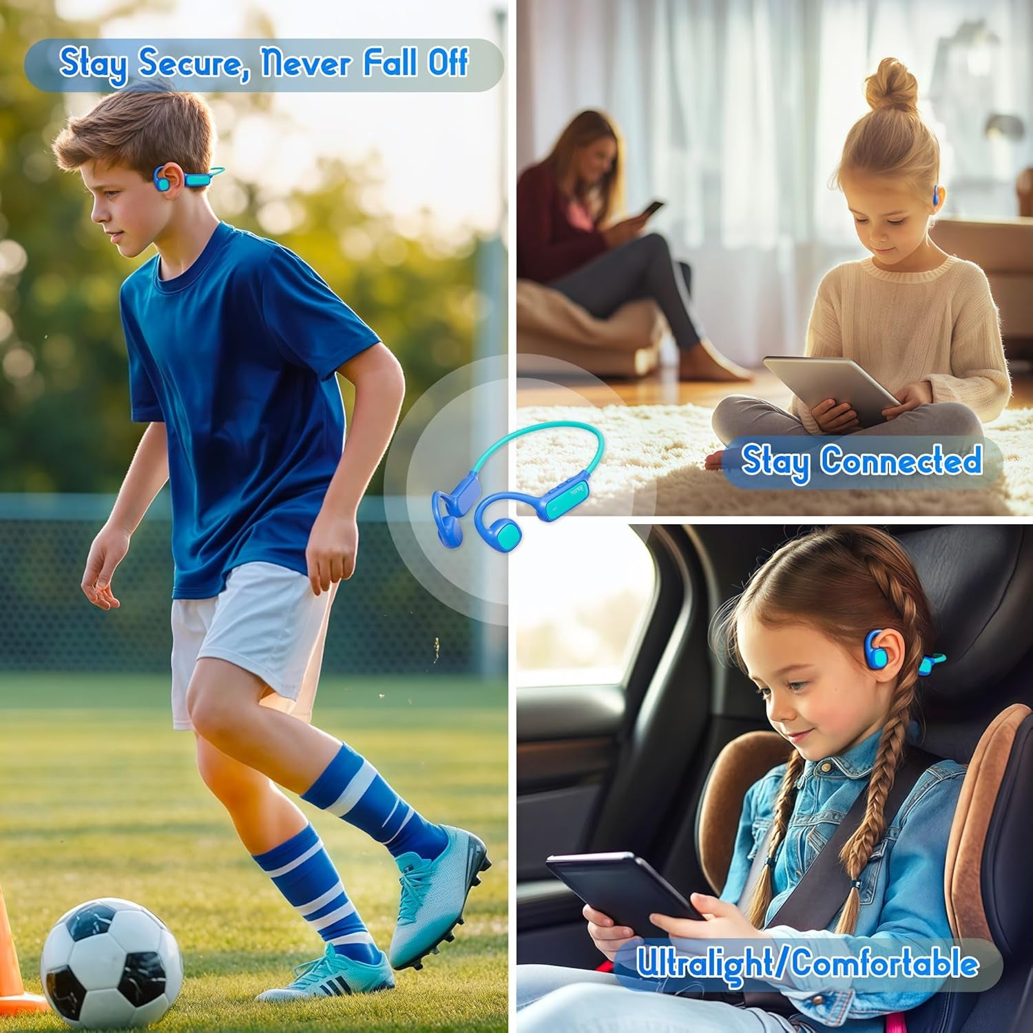 Kids Headphones, Bluetooth 5.3 Air Conduction Open Ear Headphones, 85Db Volume Limited, with Mic, IPX5 Waterproof, 360° Bending, 20H Playtime, Kids Headphones Wireless for Ipad/Sports (Blue)